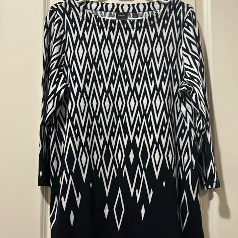 Like New! Rafaella boatneck tunic print top 3/4 Sleeve side slits cotton size L